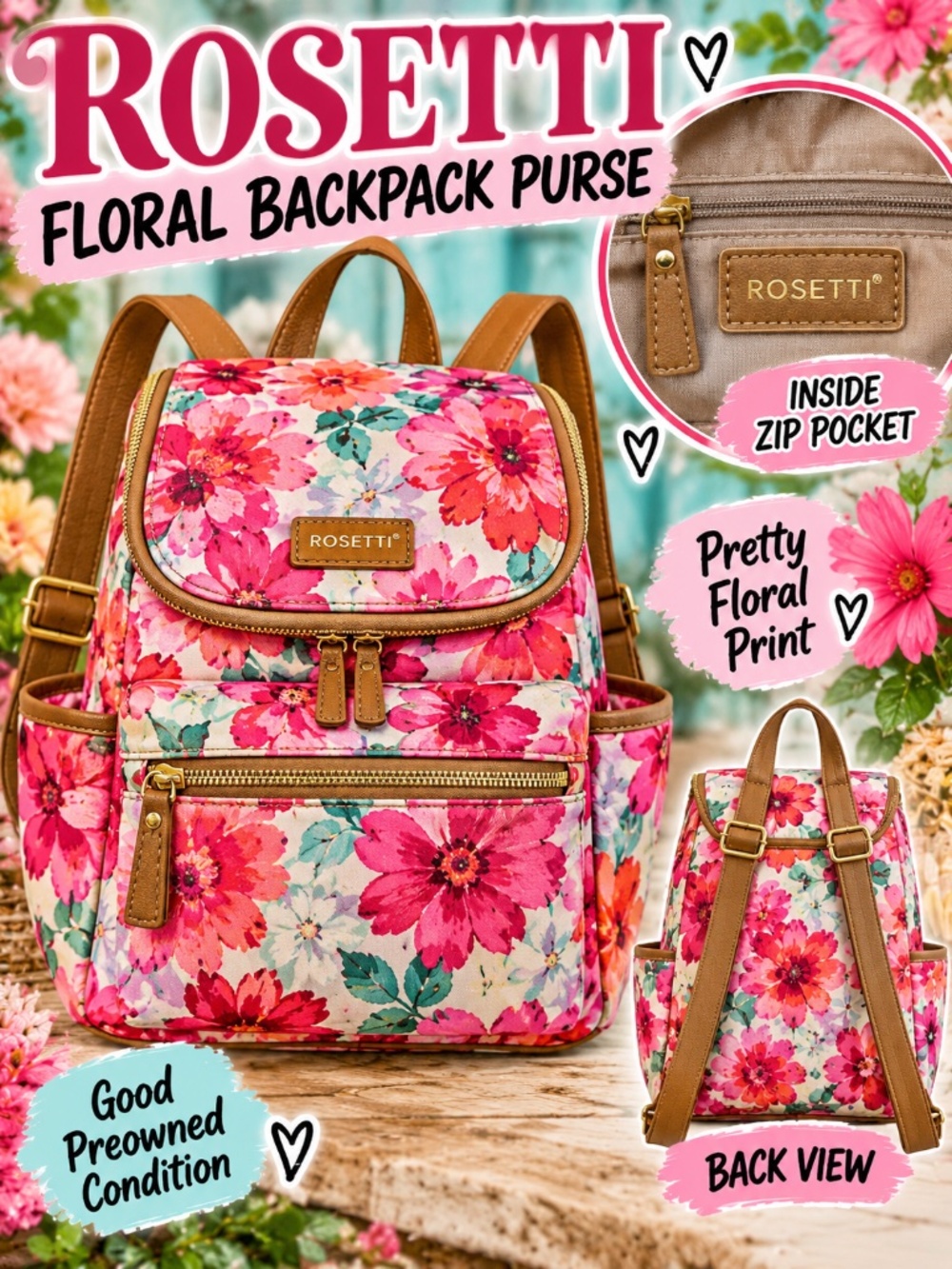 Rosetti Floral Backpack Purse Pink White Tan Multi-Pocket Bag